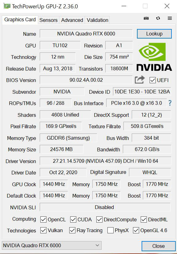 NVIDIA Quadro RTX 6000 GPUz
